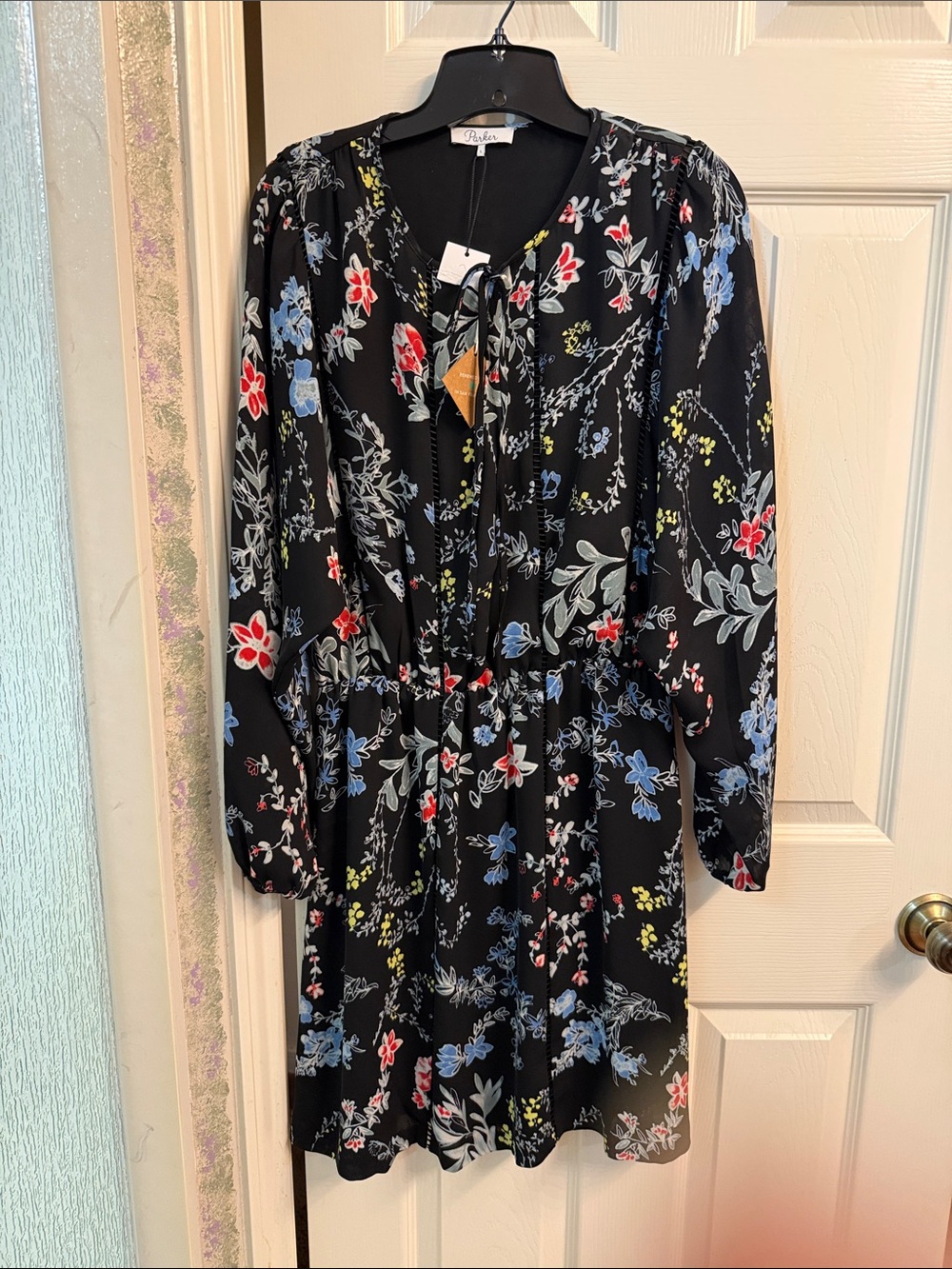 Rails Black Floral Tie-Neck Dress with Blue, Red & Yellow Blooms